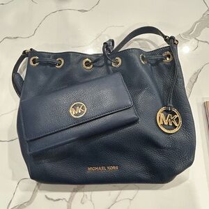 Michael Kors Shoulder Bag & Large Wallet set Dark Blue with Gold Accents